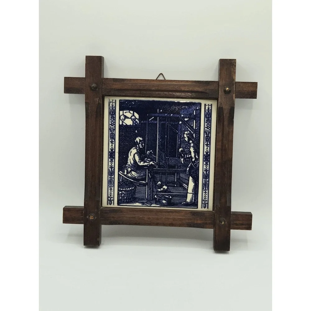 Vintage Delft Blue Tile Loom Worker Wall Plaque Wooden Tramp Art Style Frame